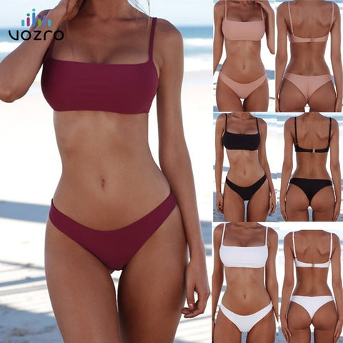 VOZRO Sexy Solid Brazilian Bikinis Women High Cut Swimwear Low Waist Bathing Suit Tube Top Female Summer Halter Beach Wear