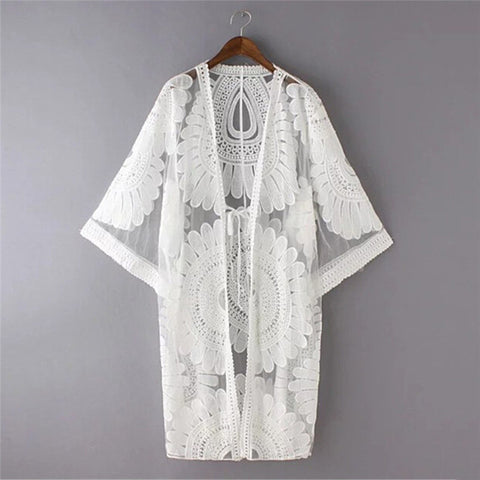 New Summer Swimsuit Lace Hollow Crochet Beach Bikini Cover Up 3/4 Sleeve Women Tops Swimwear Beach Dress White Beach Tunic Shirt