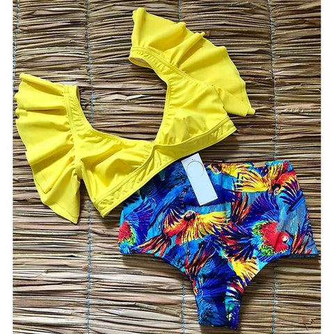 Floral Ruffled Hem Bikini Set Women Flora V-neck High-waisted Two Piece Swimsuit 2018 Girl Beach Bathing Suit Swimwear Biquinis